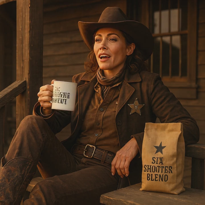 Cowgirl sheriff drinking coffee from a branded mug with a bag of Six Shooter Blend on the porch of a Western cabin.